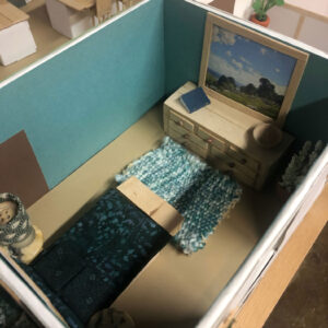 blue green bedroom #2 of urban oasis model unit opposite side of the room